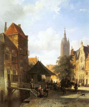 Cornelis Springer : Figures In A Street In Delft